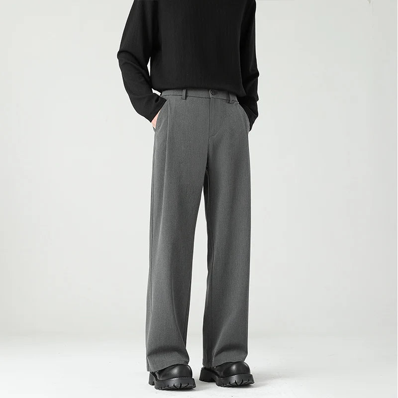 Autumn New Men's Black Gray Suit Pants Loose Straight Drape Solid Color Elastic Business Work Casual Trousers Fashion Clothing