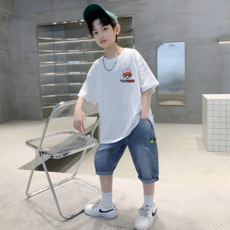 Teens Boy New Summer Clothing Set Cartoon Outfit Children Casual Short Sleeve T-shirt + Denim Shorts 2 Pieces Clothes Tracksuit