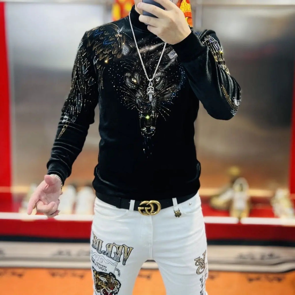 2025 Autumn Winter New Style Plus Velvet Diamond Jacquard Fashion European Sweatshirt Versatile Trendy Handsome Light Luxury Top