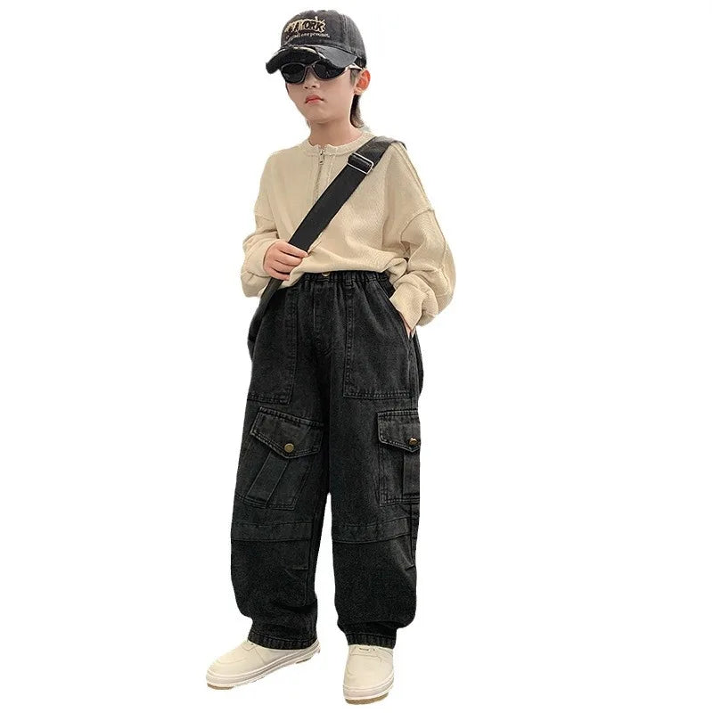 Boys Cargo Jeans New Teenage Children Wide Leg Denim Pants for Kids Loose Pockets Trousers Spring Autumn 4 6 8 10 12 14 16Yrs