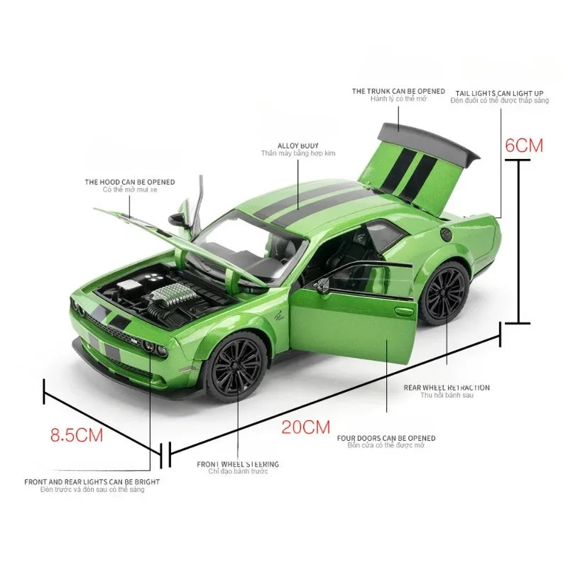 Simulation 1/24 Scale Dodge Challenger SRT Hellcat Alloy Car Model Sound Light Children Toy Vehicle Metal Miniature Voiture