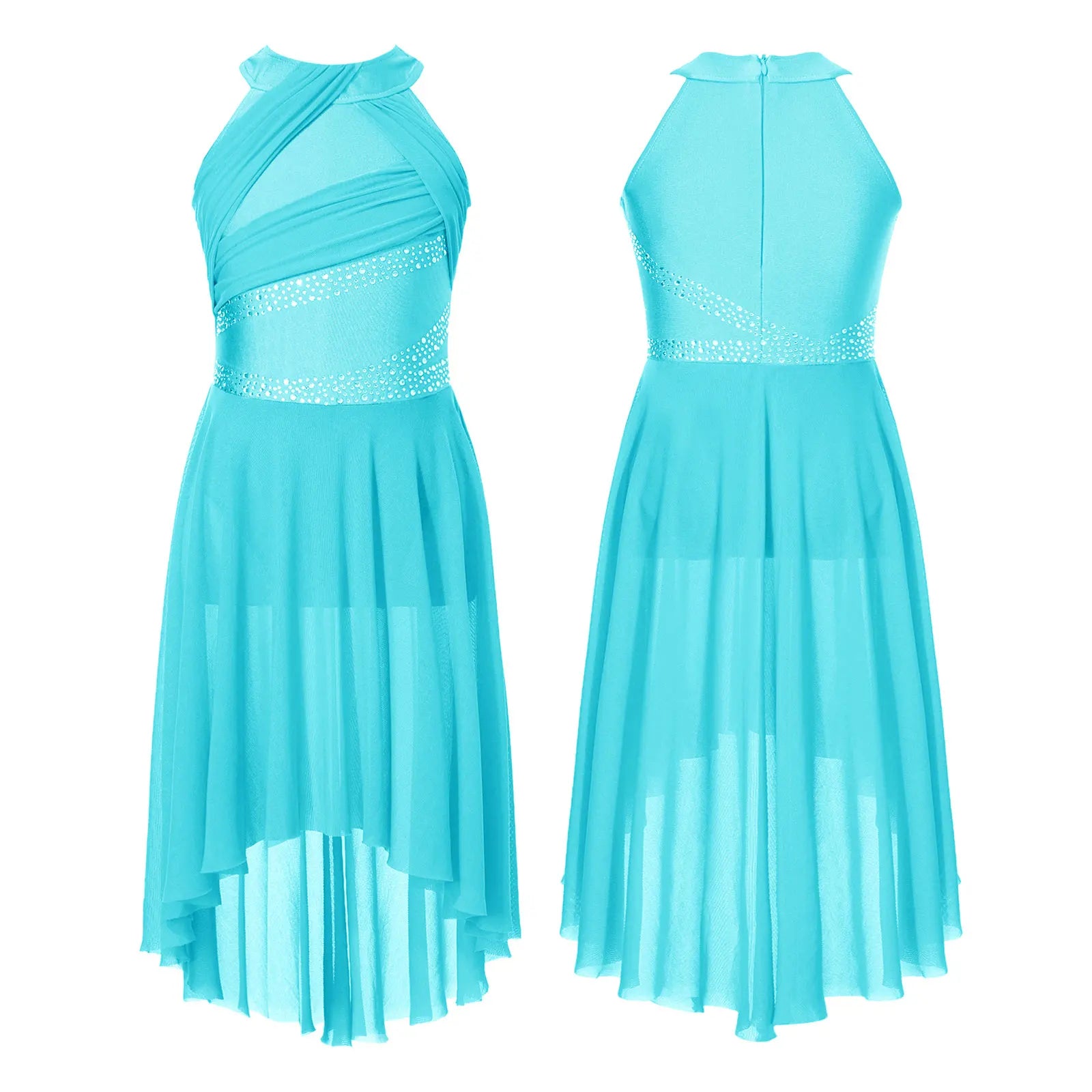 Teen Girls Modern Lyrical Dance Dress Latin Ballet Gymnastics Skating Clothes Sleeveless Shiny Rhinestone Ruched Leotard Tutu