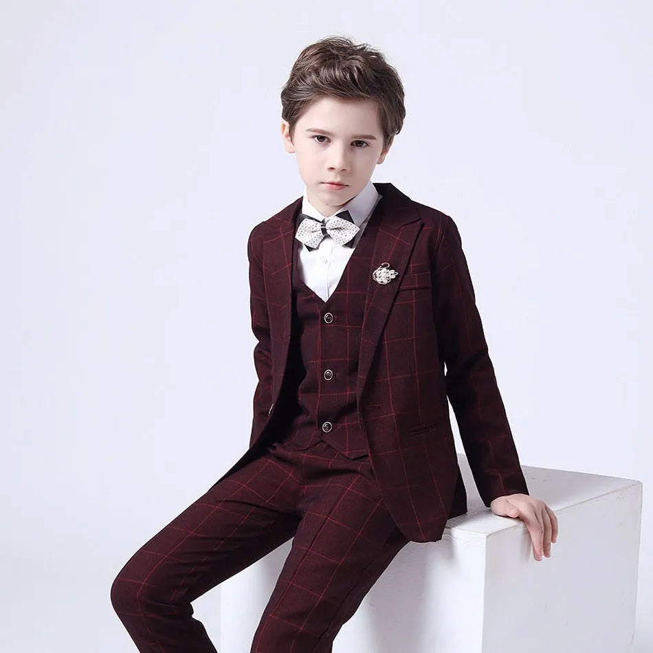 Teenager Costume Boy Young Blazer Children Elegant Party Suit Baby Blue Gray Red Plaid Birthday Tuxedo Gentlemen Pageant Outfits
