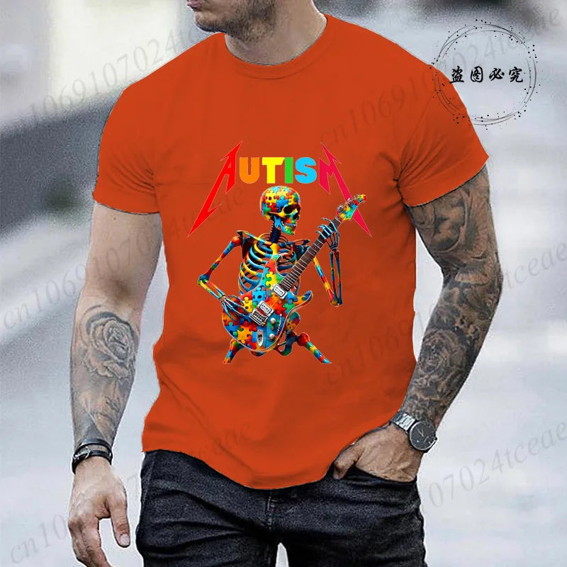 Autism Skeleton Guitar Player Rock Music Autism Awareness Shirt Fashion T-shirt for Men Tops Summer Casual Men's Tshirt Clothing