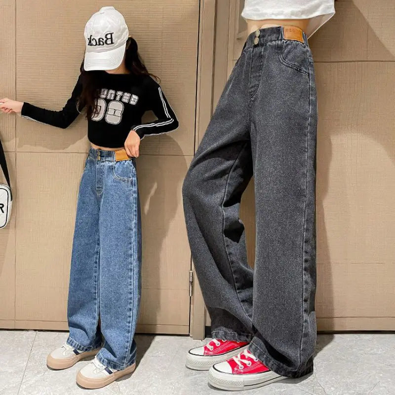 2025 Teen Girls Denim Wide Leg Pants Spring Autumn Fashion Big Flare Pants Loose Jeans For 5-14 Years Girls Outdoor Trousers
