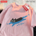 Couple Tees Swimming Black Cat Diving Shoulder Short Sleeved T-shirt For Men Women Breathable Casual Pure Cotton Loose Clothes