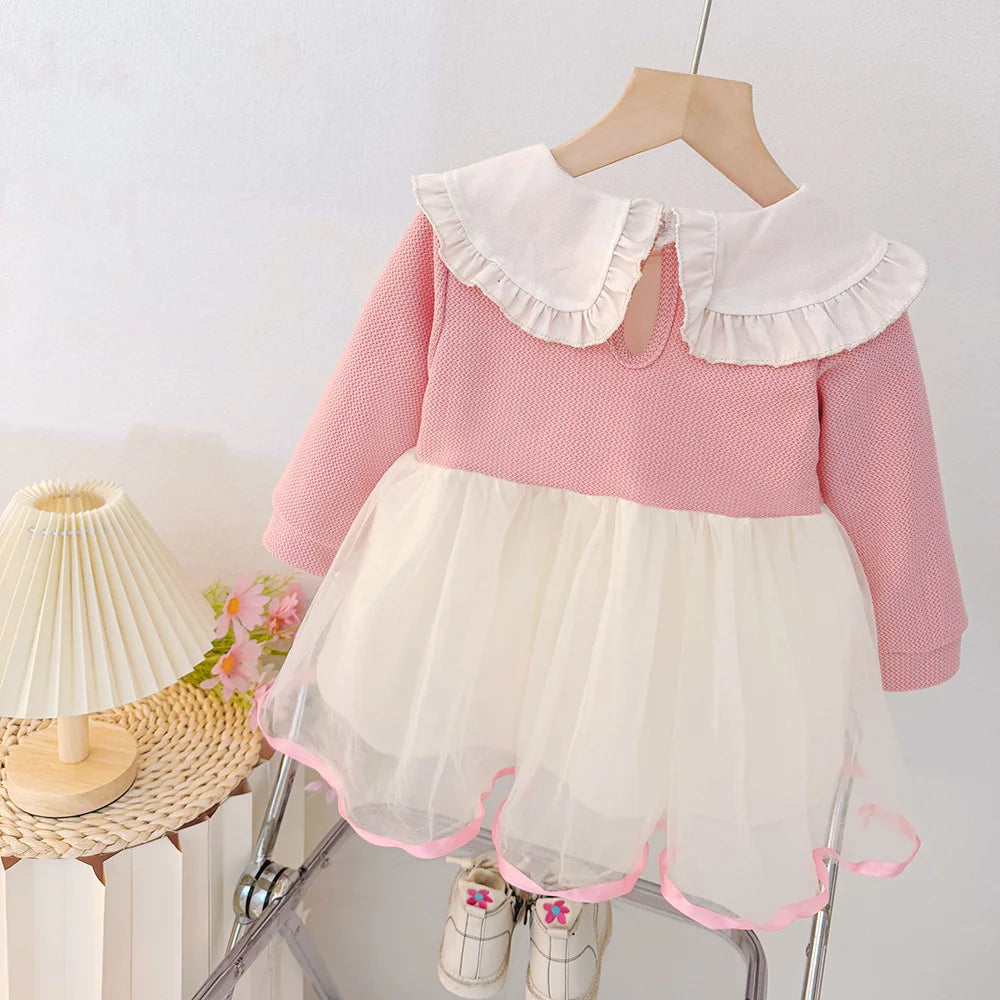 Baby Girl Dress Spring and Autumn Baby Korean Style Cute Long Sleeve Dress Casaul Round Neck Sweet Pink Dress