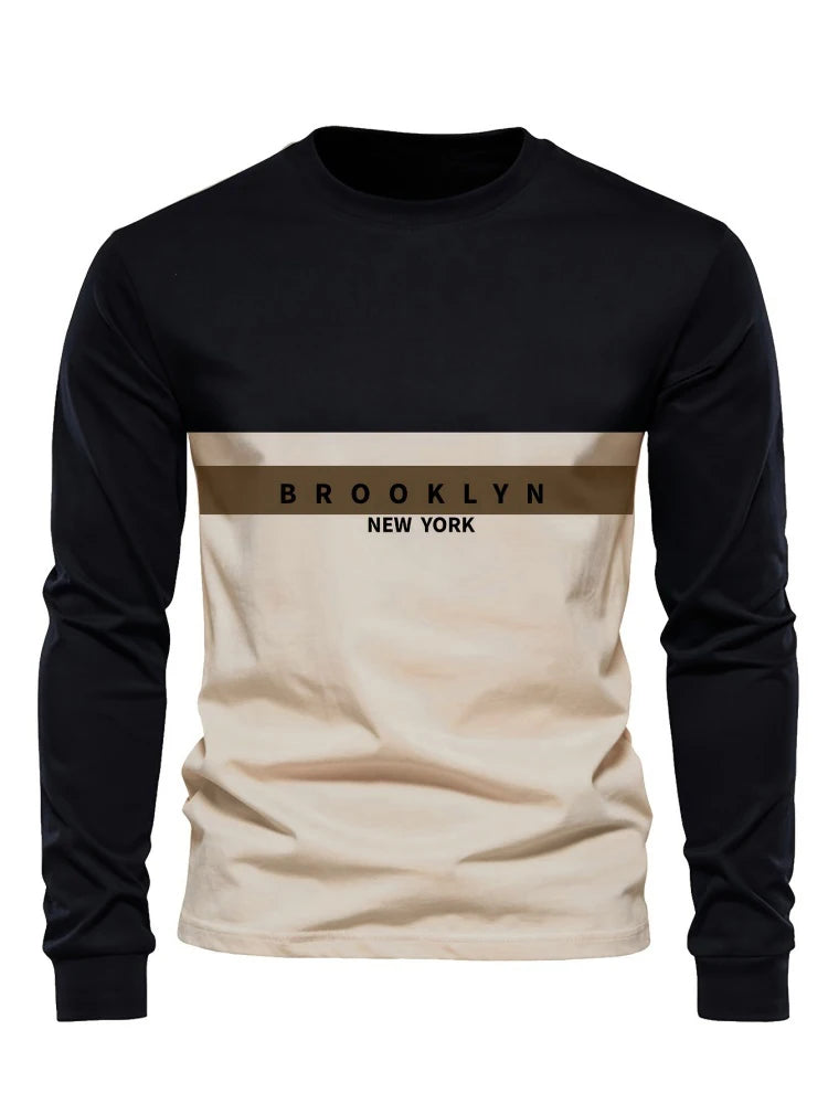 Men's Long Sleeve T-shirt Beige and Black Color-block Design Letter Print Stretchy Autumn Top Casual Basic Long Sleeve Clothing