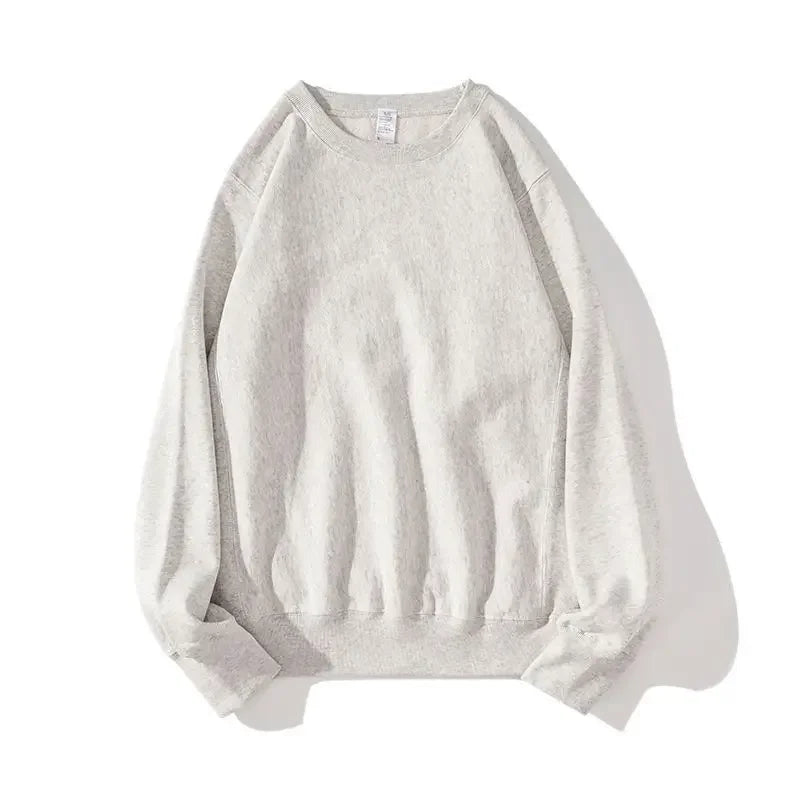 Autumn Heavyweight Cotton Round Neck Sweater Solid Loose Simple Sports Harajuku Top for Men and Women Pullover