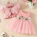 Little Princess Summer Flower net gauze dress, bow hairset, small cardigan coat three-piece set