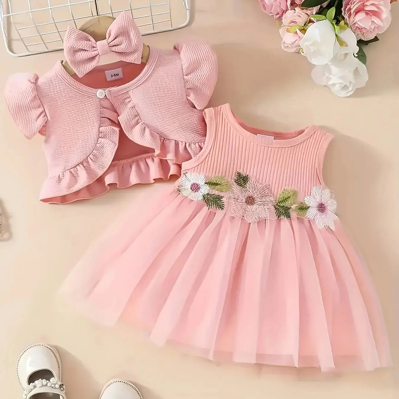 Little Princess Summer Flower net gauze dress, bow hairset, small cardigan coat three-piece set