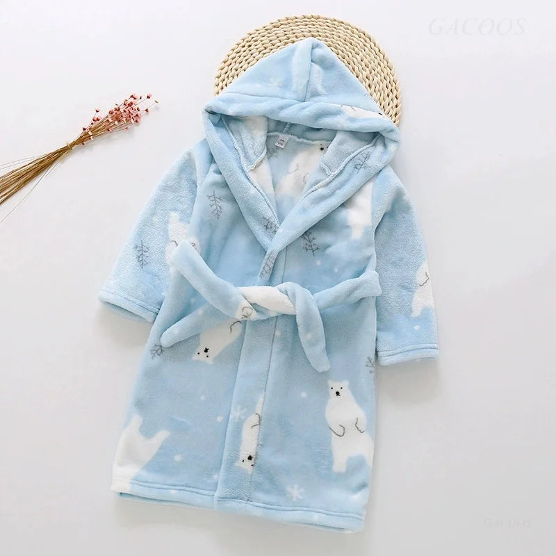 2025 Kids Hooded Flannel Bathrobe Baby Bath Bear Printed Robes Boys Girls Cute Cartoon Soft Warm Pajamas Long Sleeve Towel Robe