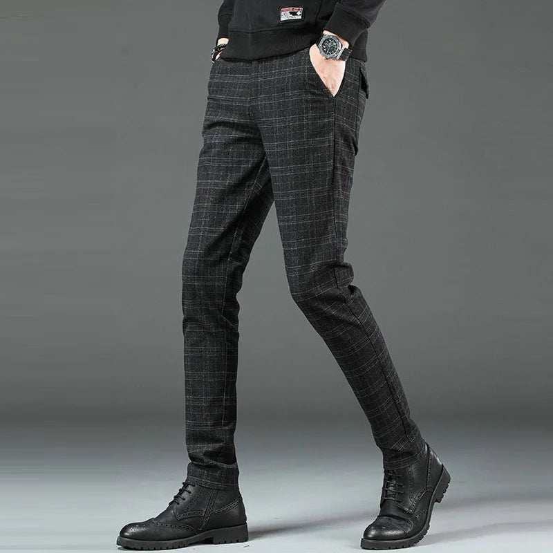 Men's Clothing Korean Fashion Vintage Plaid Business Casual Suit Pants Autumn Formal Slim Straight Trousers Pantalones Hombre