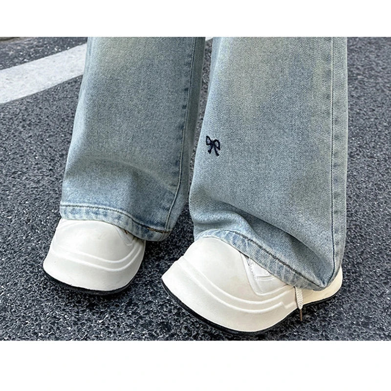 New 4-14 Years Spring Autumn Teenage Girls Jeans Full Print Bow Embroidery Fashion Wide-leg Denim Pants For Kids