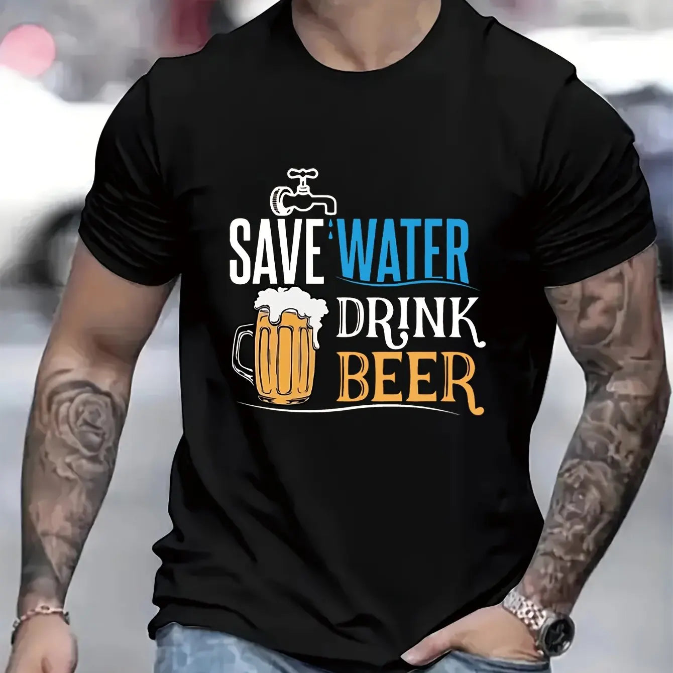 Men's summer 100% pure cotton Creative beer graphic printed fashionable and casual loose round neck short sleeved T-shirt top