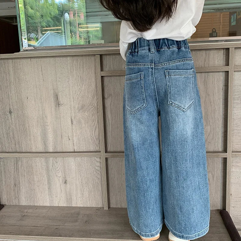 Childrens Jeans Good Fit High-quality Girls Autumn Fashionable and Versatile Washed Elastic Retro Straight Leg Jeans