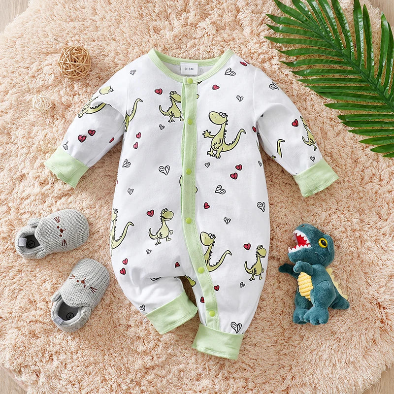 Spring and fall cotton long-sleeved baby clothing green Cartoon dinosaur print 0-18 months baby one-piece  newborn romper
