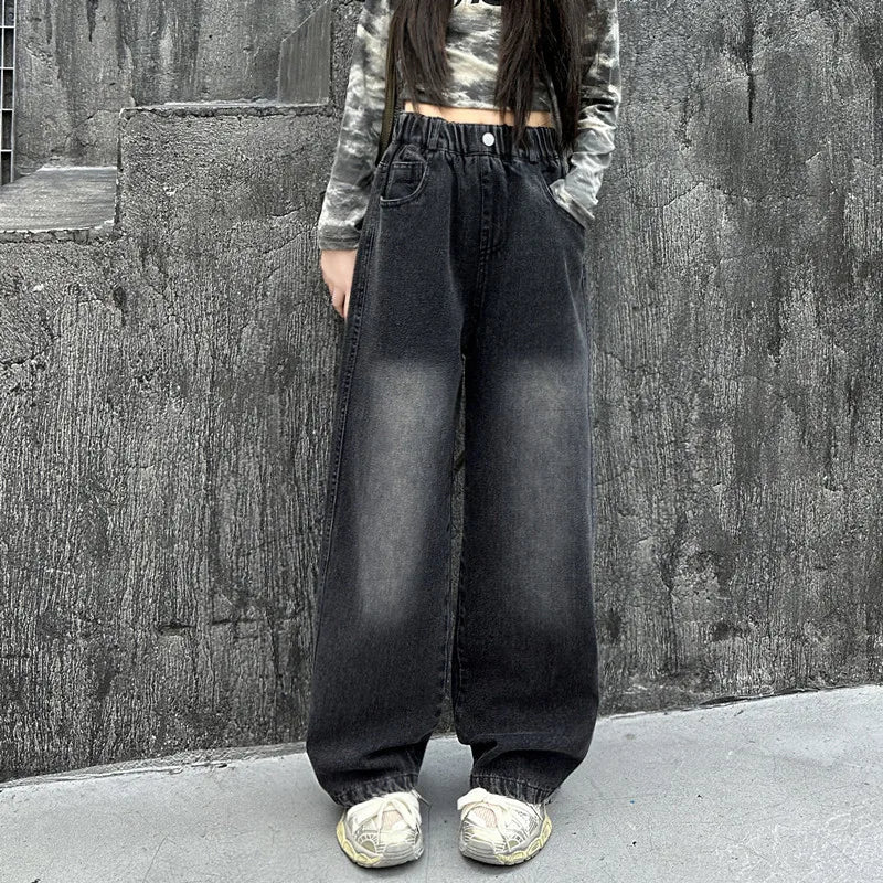 Teenage Child Vintage Straight Fit Black Jeans for Tween Girl Casual Gradient Denim Pants Kids New Fashion Jeans Trousers 4-14Y