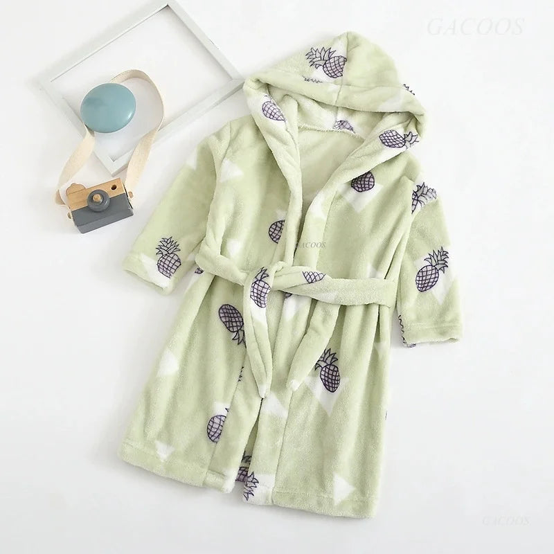 2025 Kids Hooded Flannel Bathrobe Baby Bath Bear Printed Robes Boys Girls Cute Cartoon Soft Warm Pajamas Long Sleeve Towel Robe