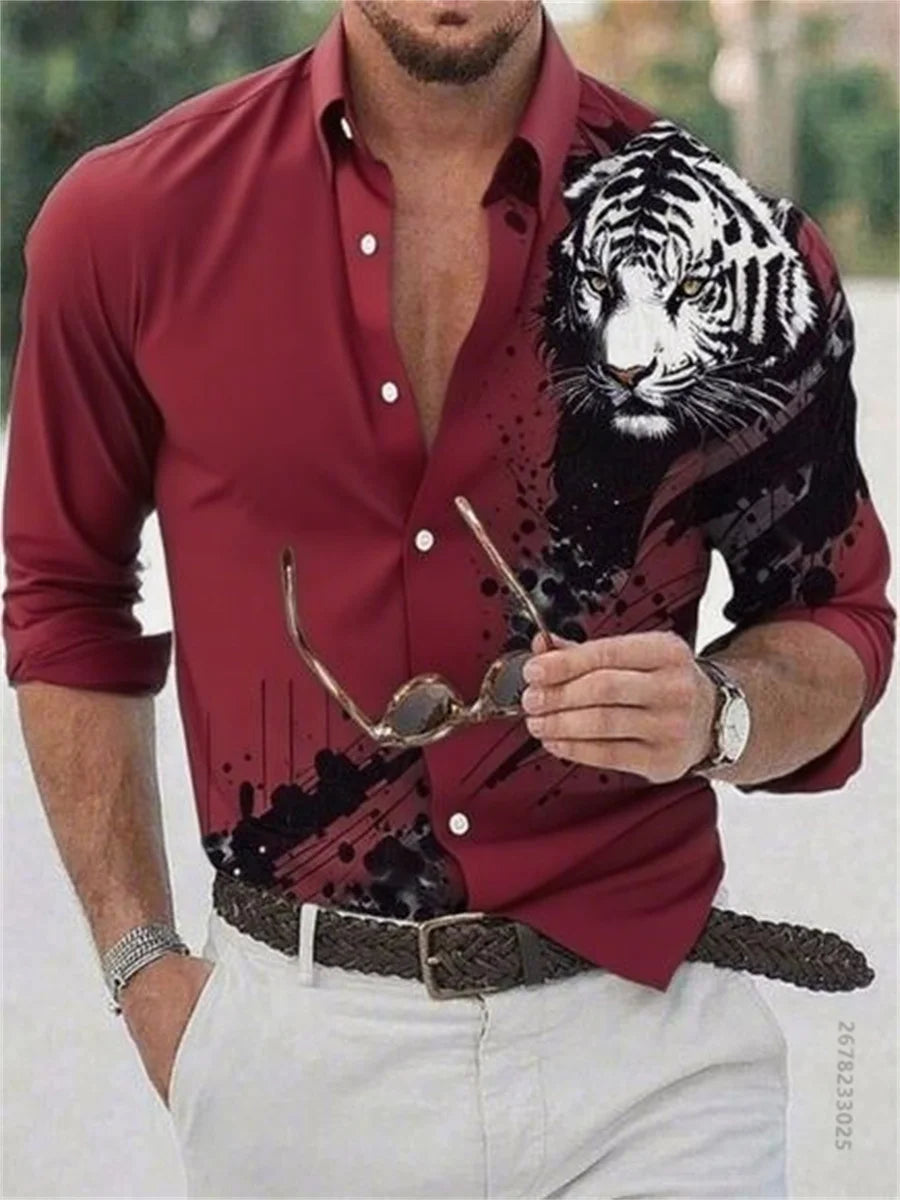 Men's pure color casual tiger 3D print long sleeve shirt, slim without ironing fashionable elastic fabric social essential