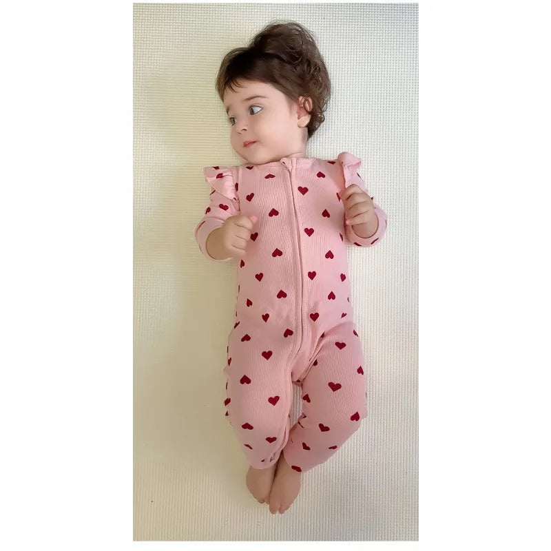 New Spring Autumn Baby Girl Heart Print Romper with Ruffle Long Sleeves Love Heart Zipper Cute One-Piece Newborn Jumpsuit A5127