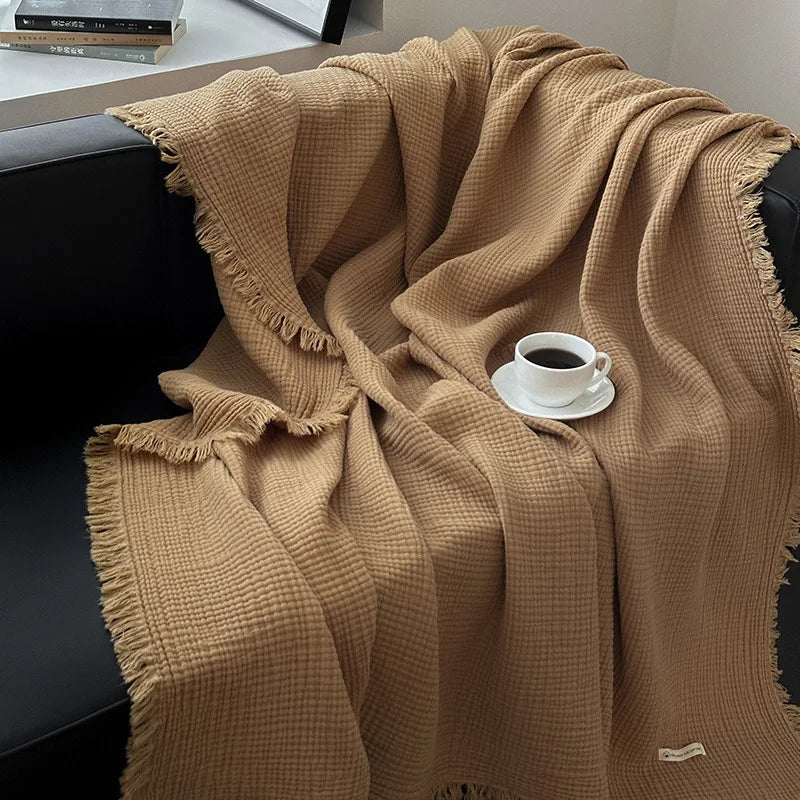 1PC Blanket 100% Cotton Sofa Towel Tassels Bed Solid Color Shawl Skin-friendly Plaid Blankets for Travel Home Bed Sofa Office