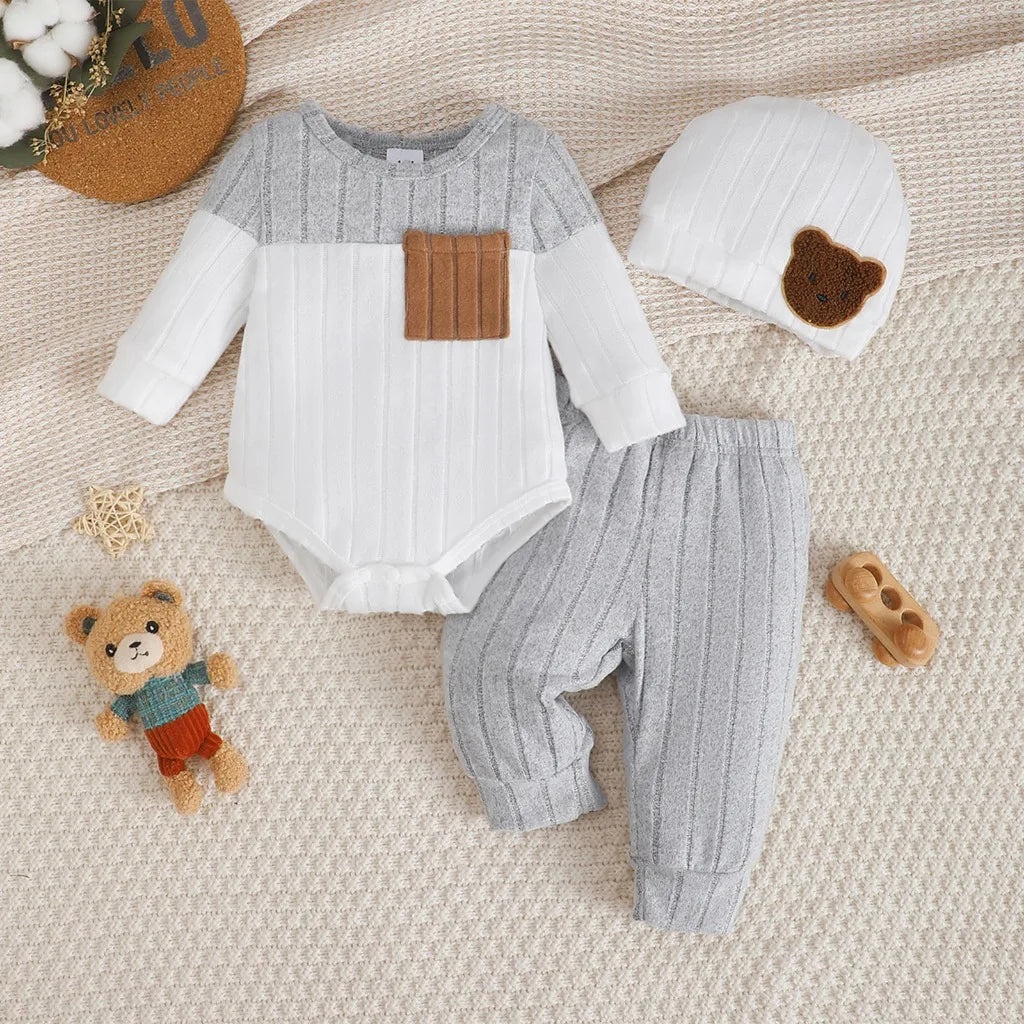 3PCS Newborn Baby Boy Clothes Set Long Sleeved Color Blocked Bodysuit+Gray Pants+Hat Autumn Clothing for Toddlers 1-18 Months