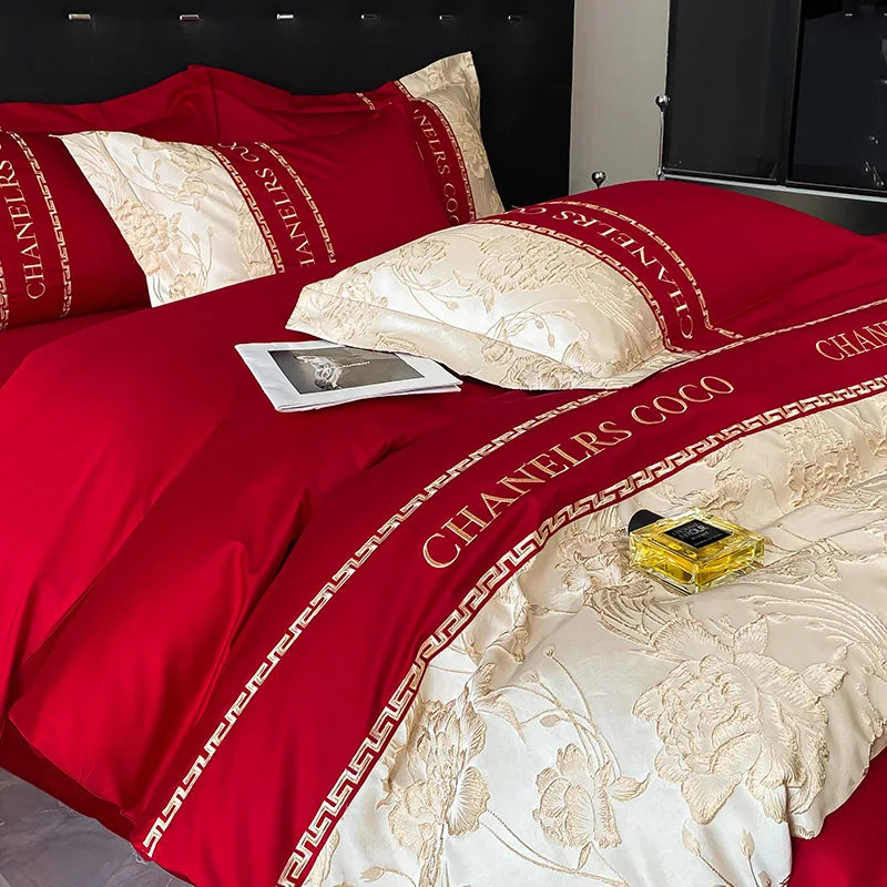 European Bedding Set High-end Luxury Cotton Four-piece Set Cotton Embroidery Quilt Cover Sheets Hats Senior Sense Bedding