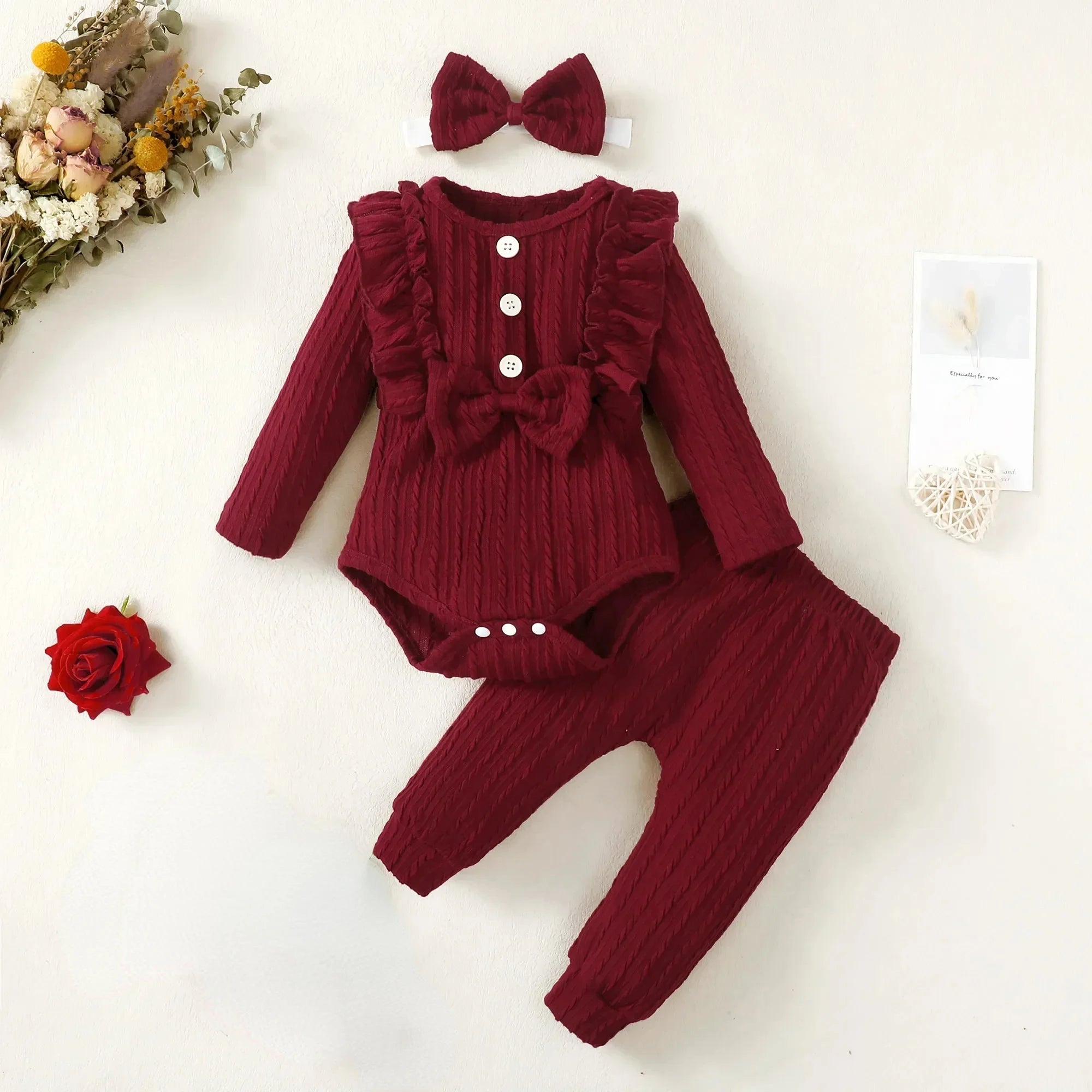 3Pcs Newborn Clothes Set Baby Girl Romper + Bow Fashion Long Sleeve Spring Autumn Winter 3 6 9 12 Months Infant Clothing