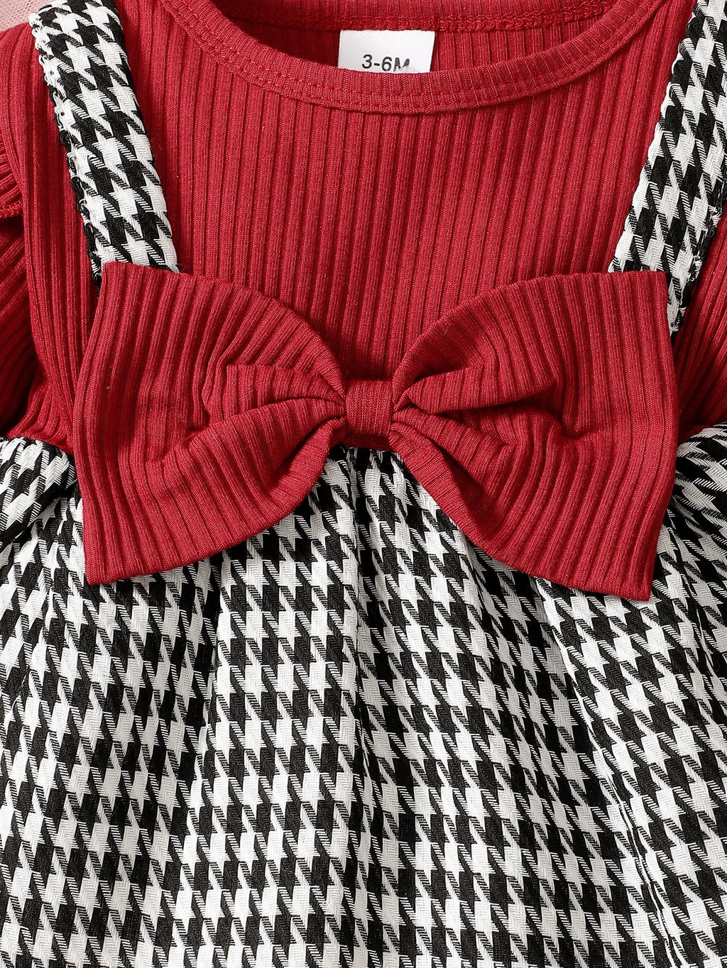 Baby Girl Autumn/Winter Fashion Cute Round Neck Thousand Bird Grid Color blocked Lotus Leaf Side Sleeve Fake Two piece Strap Ski