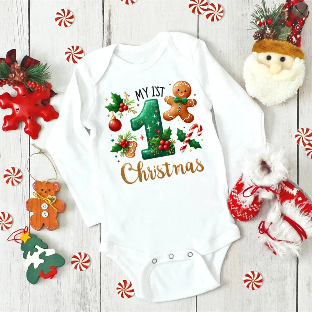 My 1st Christmas Deer Print Baby Romper Newborn Long Sleeve Romper Xmas Toddler Jumpsuit Christmas Party Infant Bodysuit Outfit