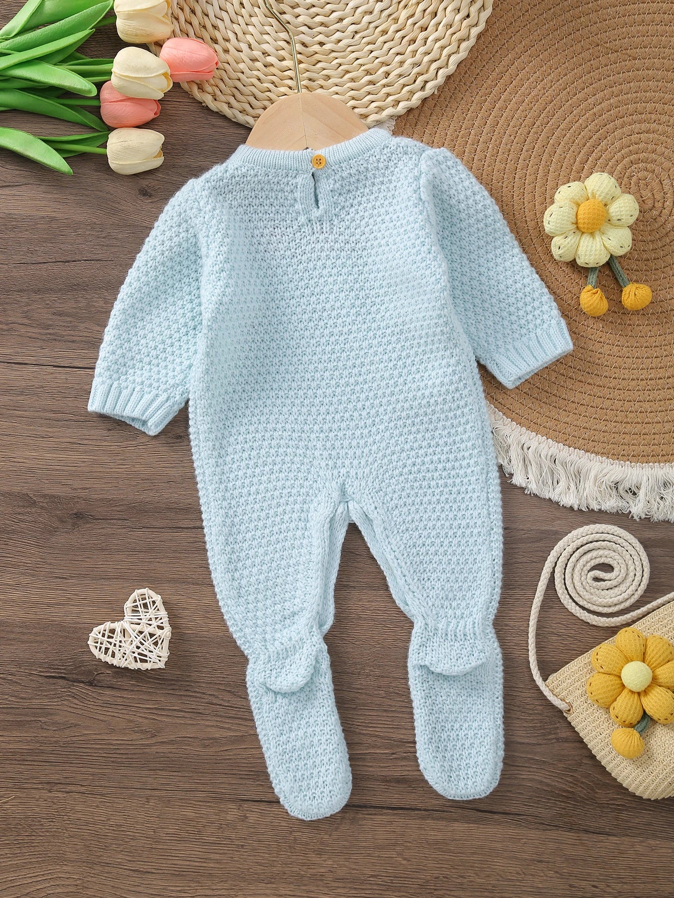 Ins Baby Autumn and Winter Flower Embroidered Long-Sleeved Knitted Jumpsuit with Feet