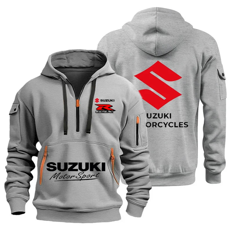 New Suzuki men's hooded sweatshirt for autumn and winter outdoor motorcycle sweatshirt, semi-zipper hooded sweatshirt