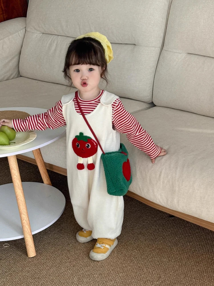 New Baby Set Spring and Autumn Cute Tomato Series Long Sleeve Base+Strap Pants Two Piece Combination Set Cute Style