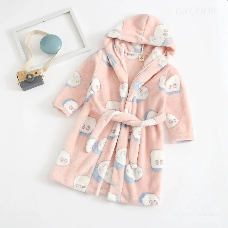 2025 Kids Hooded Flannel Bathrobe Baby Bath Bear Printed Robes Boys Girls Cute Cartoon Soft Warm Pajamas Long Sleeve Towel Robe