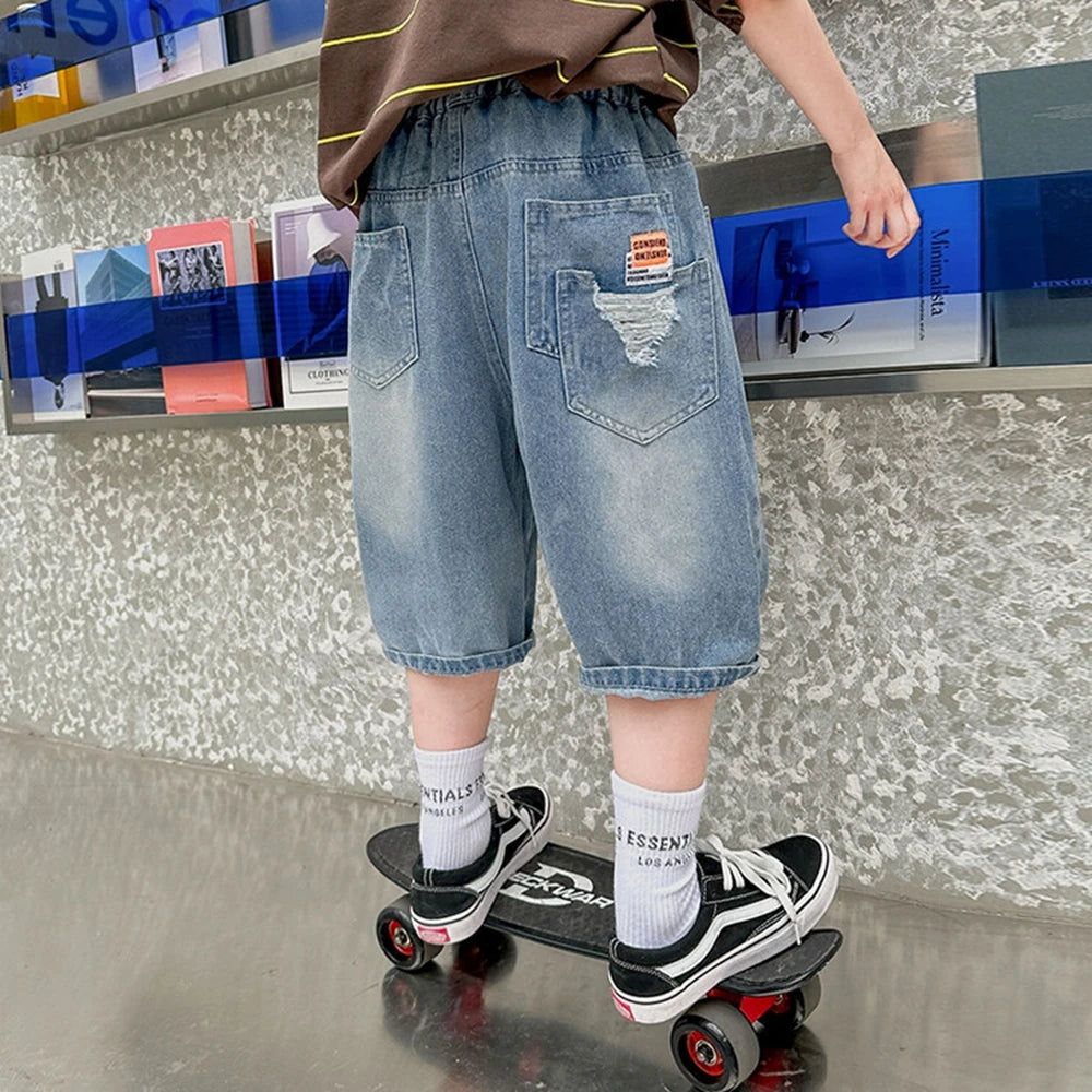 Teen Boys Shorts New Casual Alphabet Cotton Thin Denim Ffabric Children Short Jeans Clothing for Boy 4 6 8 10 12 14 16 Years