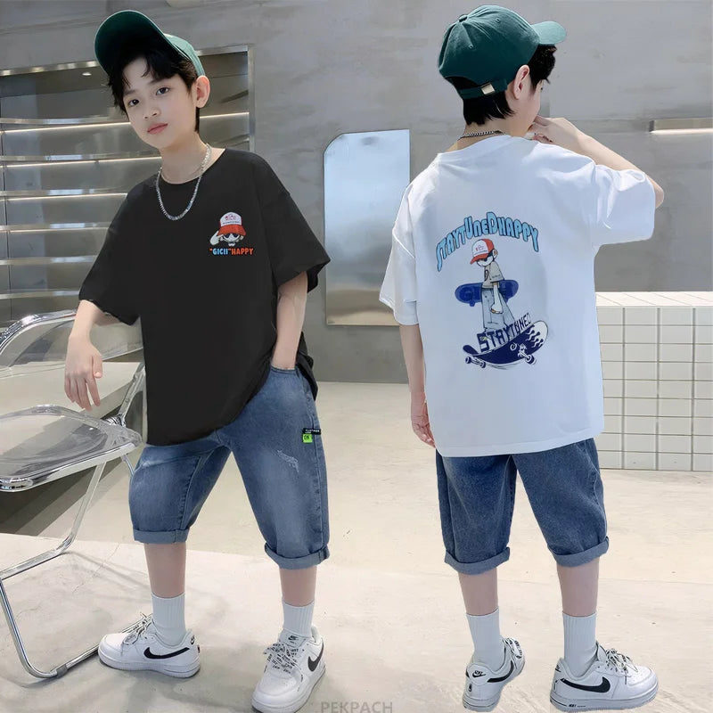 Teens Boy New Summer Clothing Set Cartoon Outfit Children Casual Short Sleeve T-shirt + Denim Shorts 2 Pieces Clothes Tracksuit
