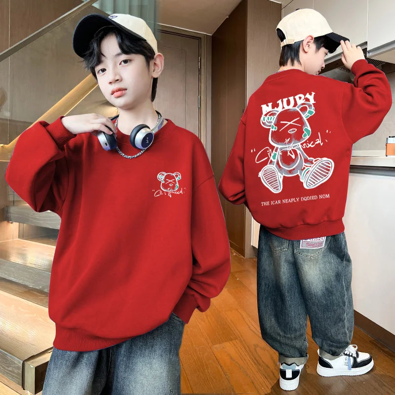 2025 Kids Clothes Boys Cartoon Bear Sweatshirts Loose Sports Round Neck Tops Autumn Clothing T Letter Printed Long-sleeve Hoodie