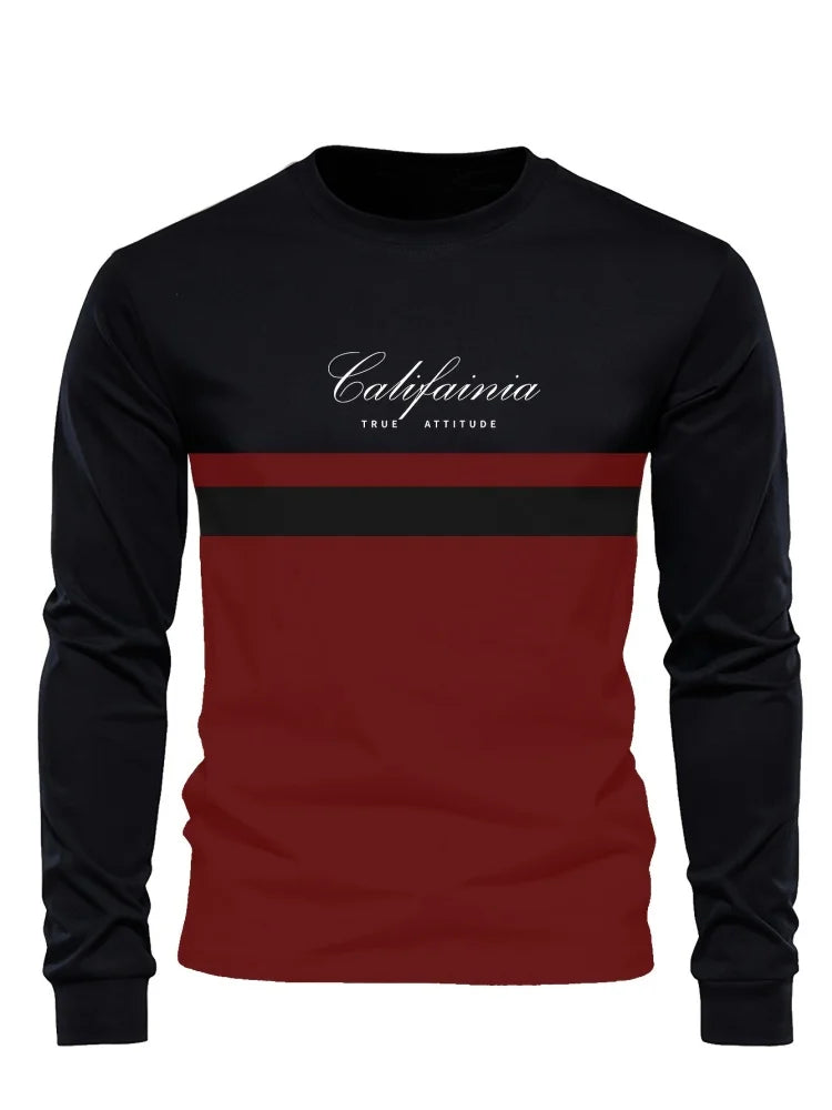 Men's Long Sleeve T-shirt Beige and Black Color-block Design Letter Print Stretchy Autumn Top Casual Basic Long Sleeve Clothing