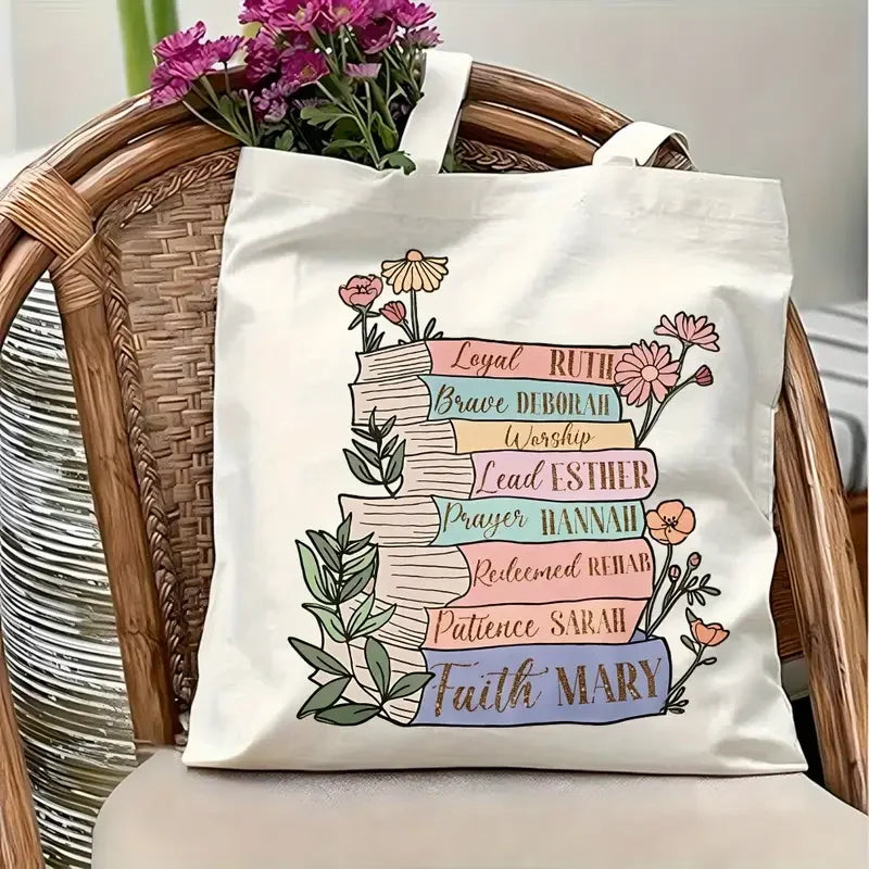Canvas Tote Bag with Floral Book Reusable Shopping Bag Everyday Carryall for Books, Travel Gift for Readers and Plant Lovers