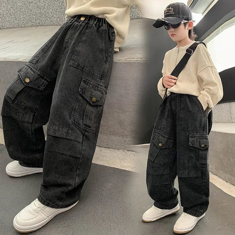 Boys Cargo Jeans New Teenage Children Wide Leg Denim Pants for Kids Loose Pockets Trousers Spring Autumn 4 6 8 10 12 14 16Yrs