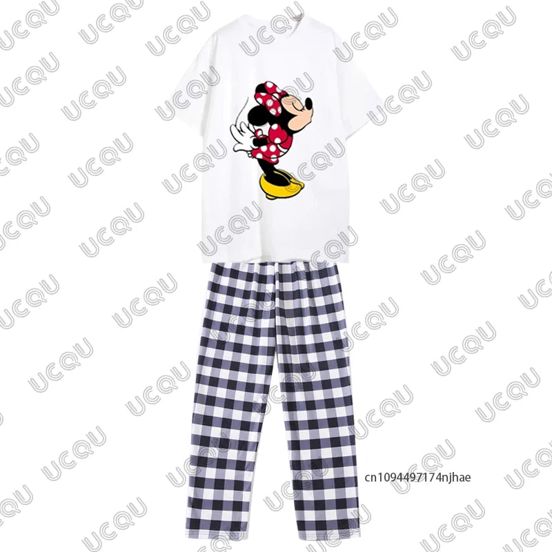 Men's Trousers Tracksuit 2 Piece Outfits Mickey & Minnie Print Tshirt+Plaid Pajamas Pant Set Couple Casual Suit Oversize Clothes