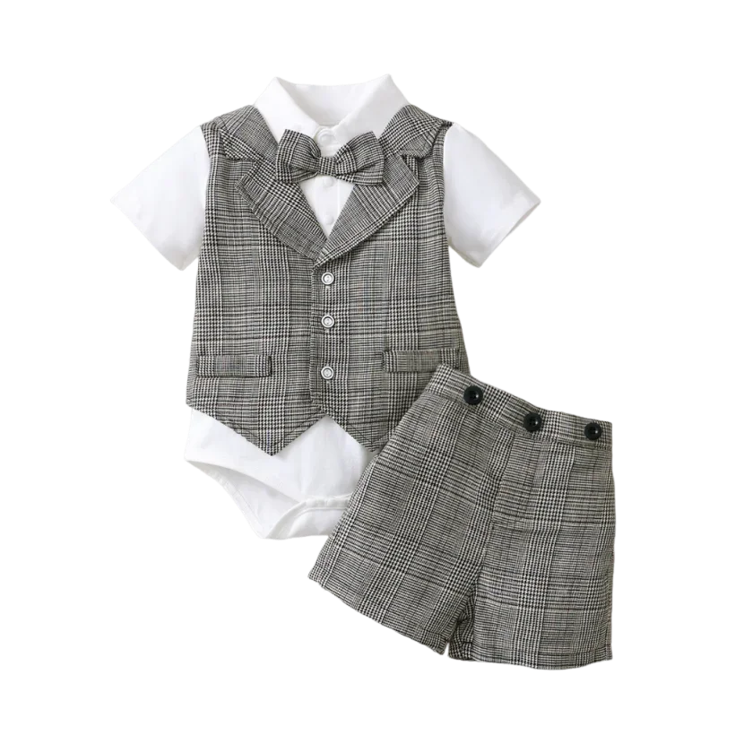 2025 Baby Boys' Gentleman Clothes Set Bow Tie Plaid Romper+Plaid Shorts 2PCS Summer Outfits Infant Birthday Party for 0-3Years
