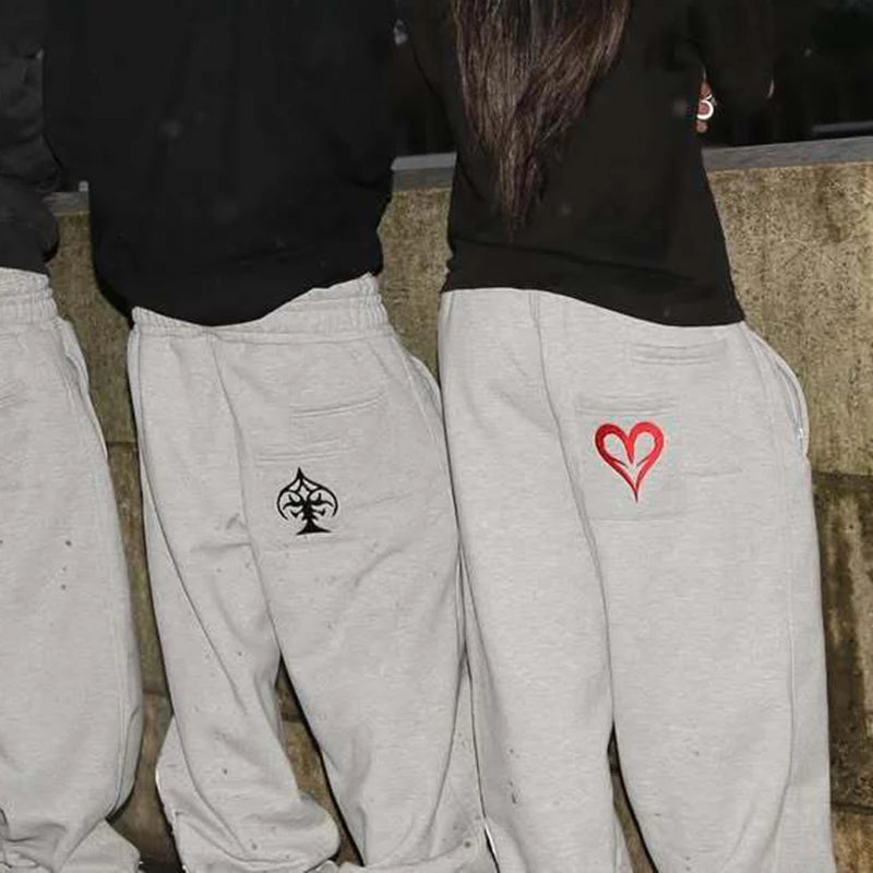 2025 Poker Card Love Embroidery Pattern Casual Double Waist Two-Piece Pants Popular Fake Two-Piece Double Waist Head Pants