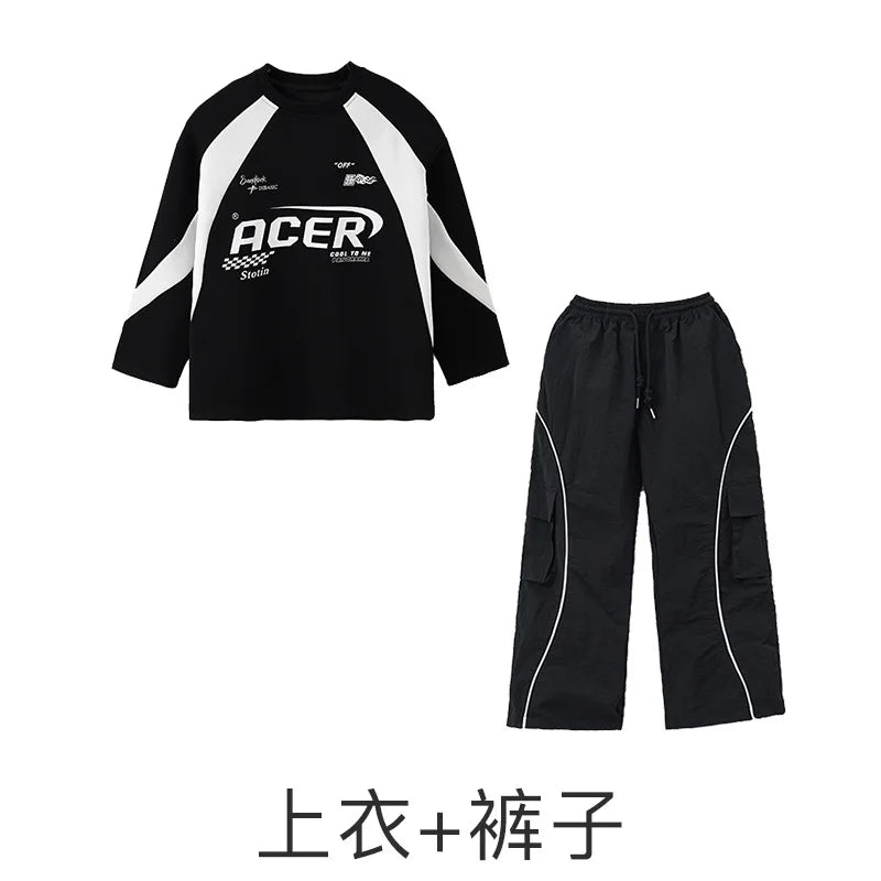Children's Teen Boys Girls Streetwear Hiphop Sweatshirt Cargo Pant Sets Tracksuits Performance Clothing Kids Tshirt Trousers