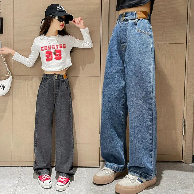 Spring Autumn Teenage Girls Jeans Leisure Fashion Wide Leg Pants Kids Child High Waist Trousers 6 9 8 10 12 14 Years Old