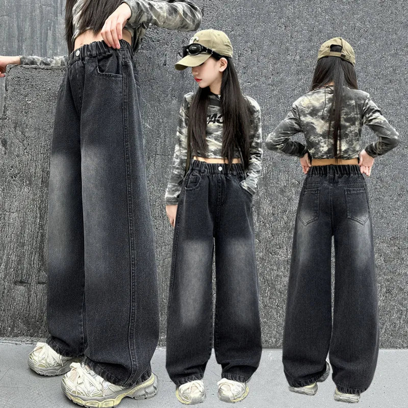 Teenage Child Vintage Straight Fit Black Jeans for Tween Girl Casual Gradient Denim Pants Kids New Fashion Jeans Trousers 4-14Y