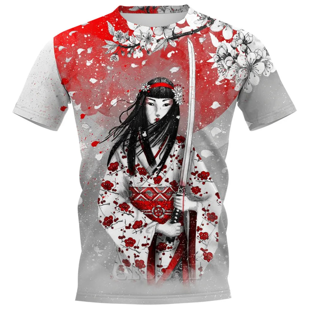Japan Sakura Samurai Print Men's T Shirt Casual O-neck Short Sleeve Tops Summer Comfortable Breathable Pullover Fashion Clothing