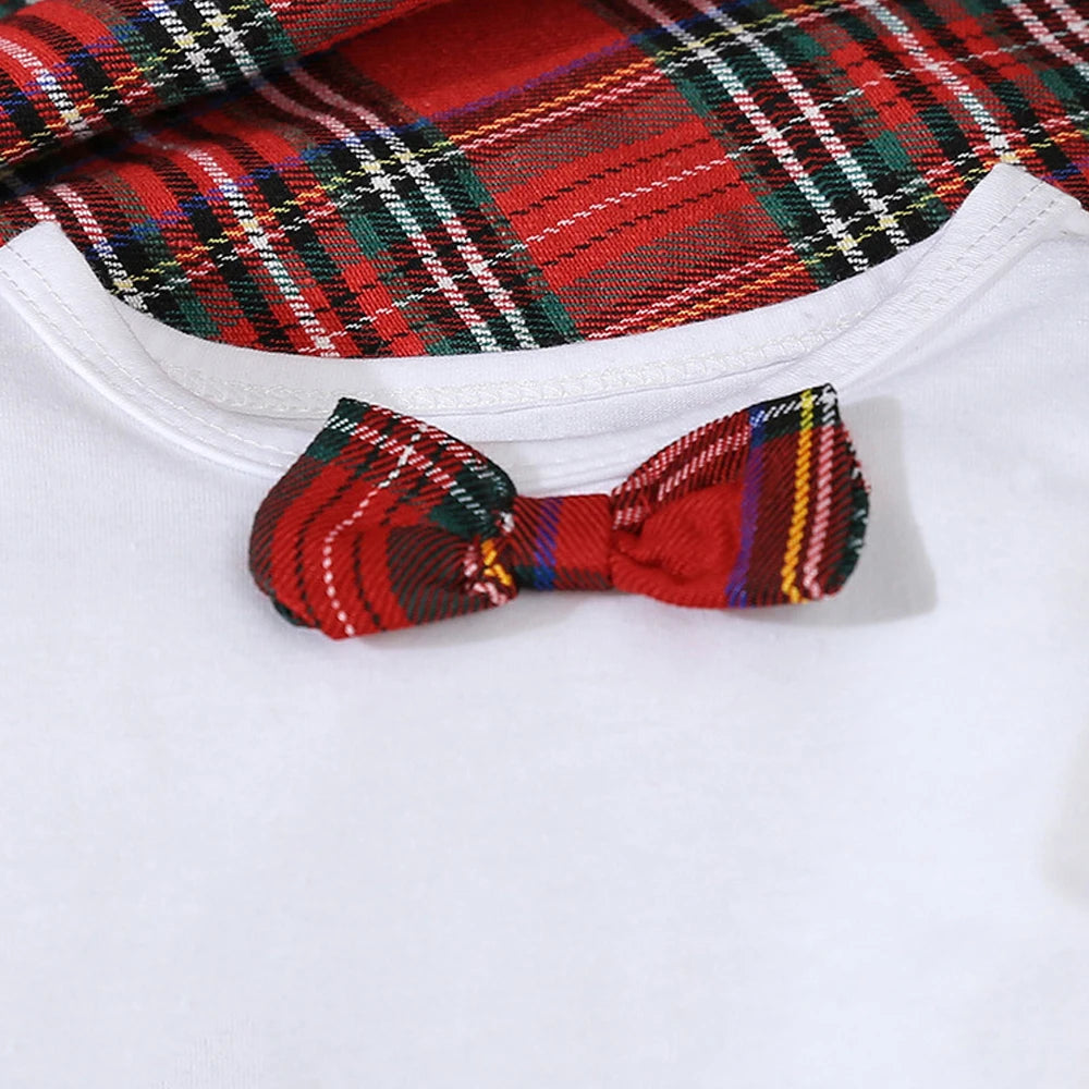 My First Christmas Baby Boys Outfits Necktie Bodysuit+Plaid Waistcoat+Suspender Pants 4pcs Formal Suit For Baby New Year Costume