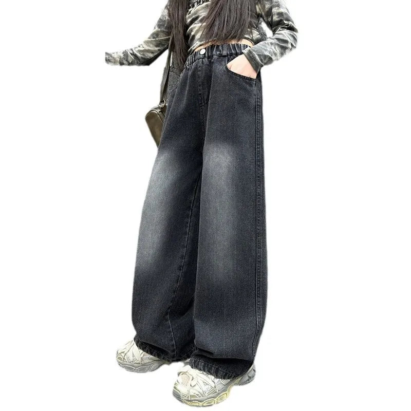 Teenage Child Vintage Straight Fit Black Jeans for Tween Girl Casual Gradient Denim Pants Kids New Fashion Jeans Trousers 4-14Y